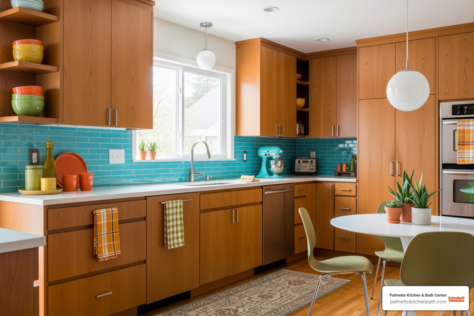 kitchen showcasing a classic MCM color palette with wood cabinets and a pop of turquoise - florida mid century modern kitchen remodel fort lauderdale style