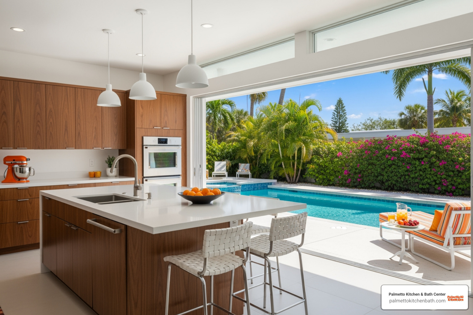 kitchen with large sliding glass doors opening to a patio or pool area - florida mid century modern kitchen remodel fort lauderdale style