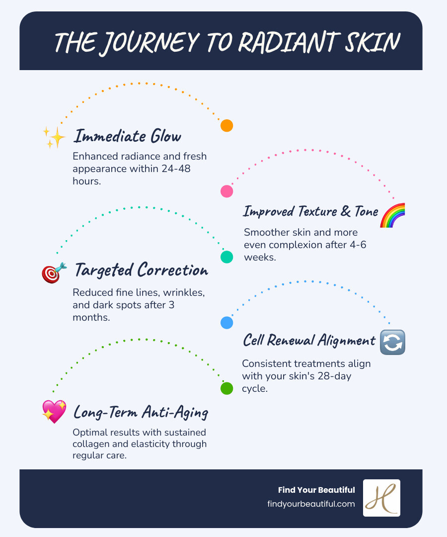 Infographic showing the timeline of skin benefits from regular facials, including immediate glow effects within 24-48 hours, improved texture and tone after 4-6 weeks, reduced fine lines and hyperpigmentation after 3 months, and optimal long-term anti-aging results with consistent treatments every 4-6 weeks aligned with the 28-day skin cell renewal cycle - how often should you get a facial infographic infographic-line-5-steps-blues-accent_colors