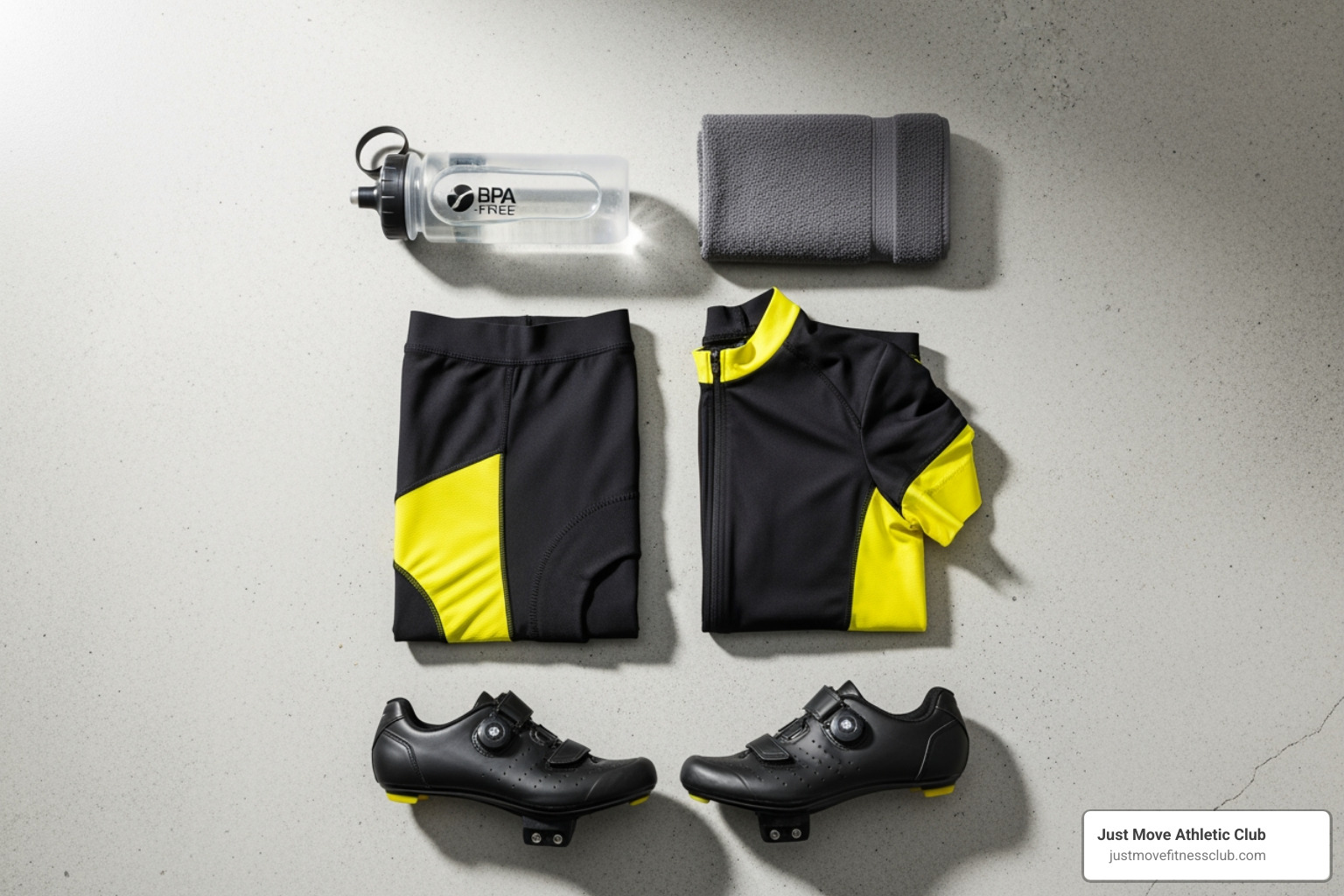 Spin class essentials laid out: water bottle, towel, form-fitting workout clothes, and cycling shoes - spin class experience