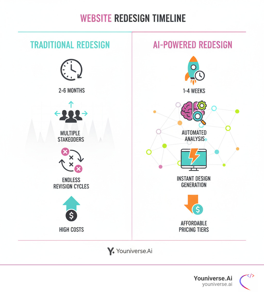Infographic comparing traditional website redesign timeline of 2-6 months with multiple stakeholders, endless revision cycles, and high costs versus AI-powered redesign timeline of 1-4 weeks with automated analysis, instant design generation, and affordable pricing tiers - AI for website redesign infographic 