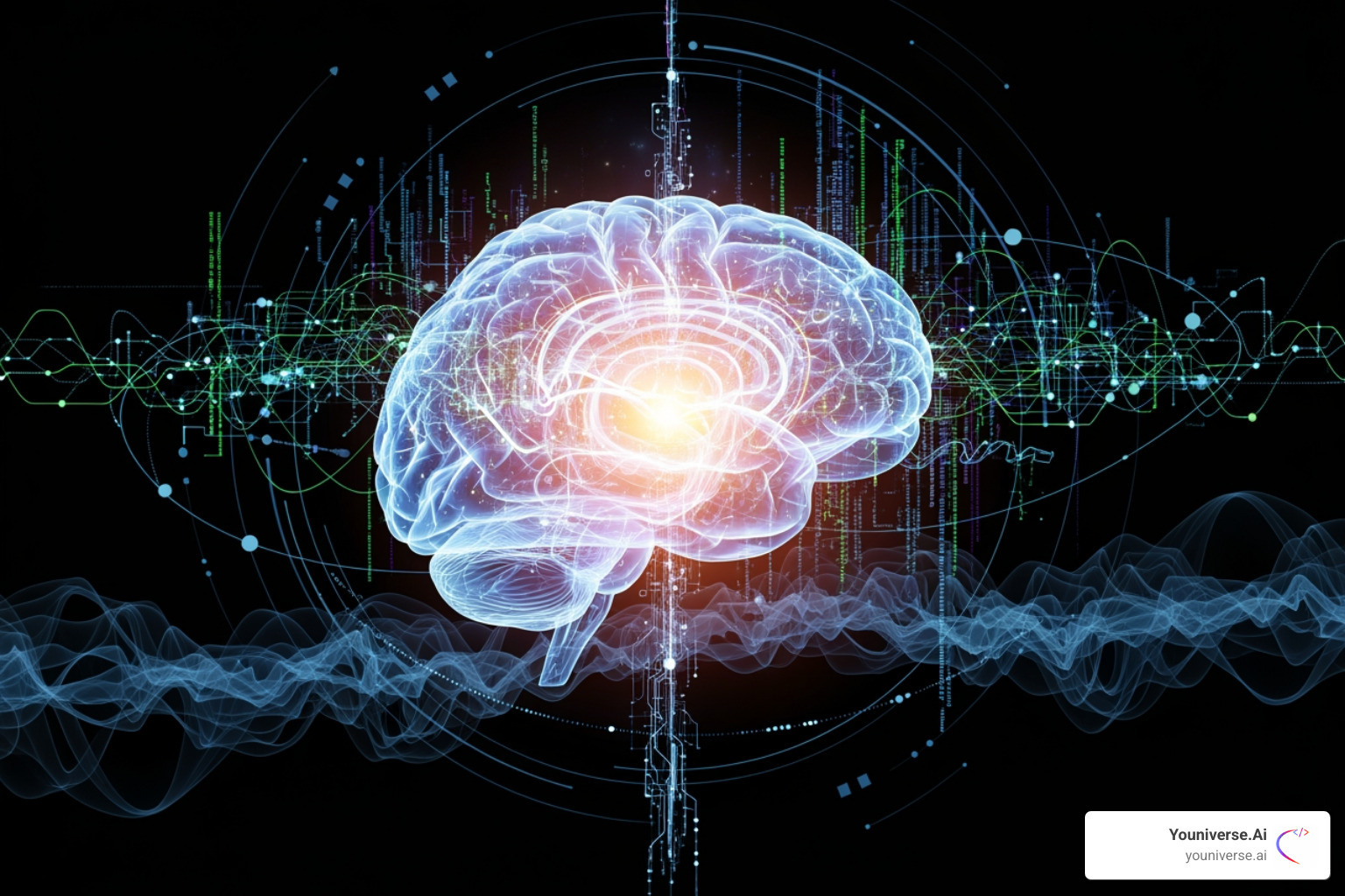 AI brain with code and design elements flowing out - AI for website redesign