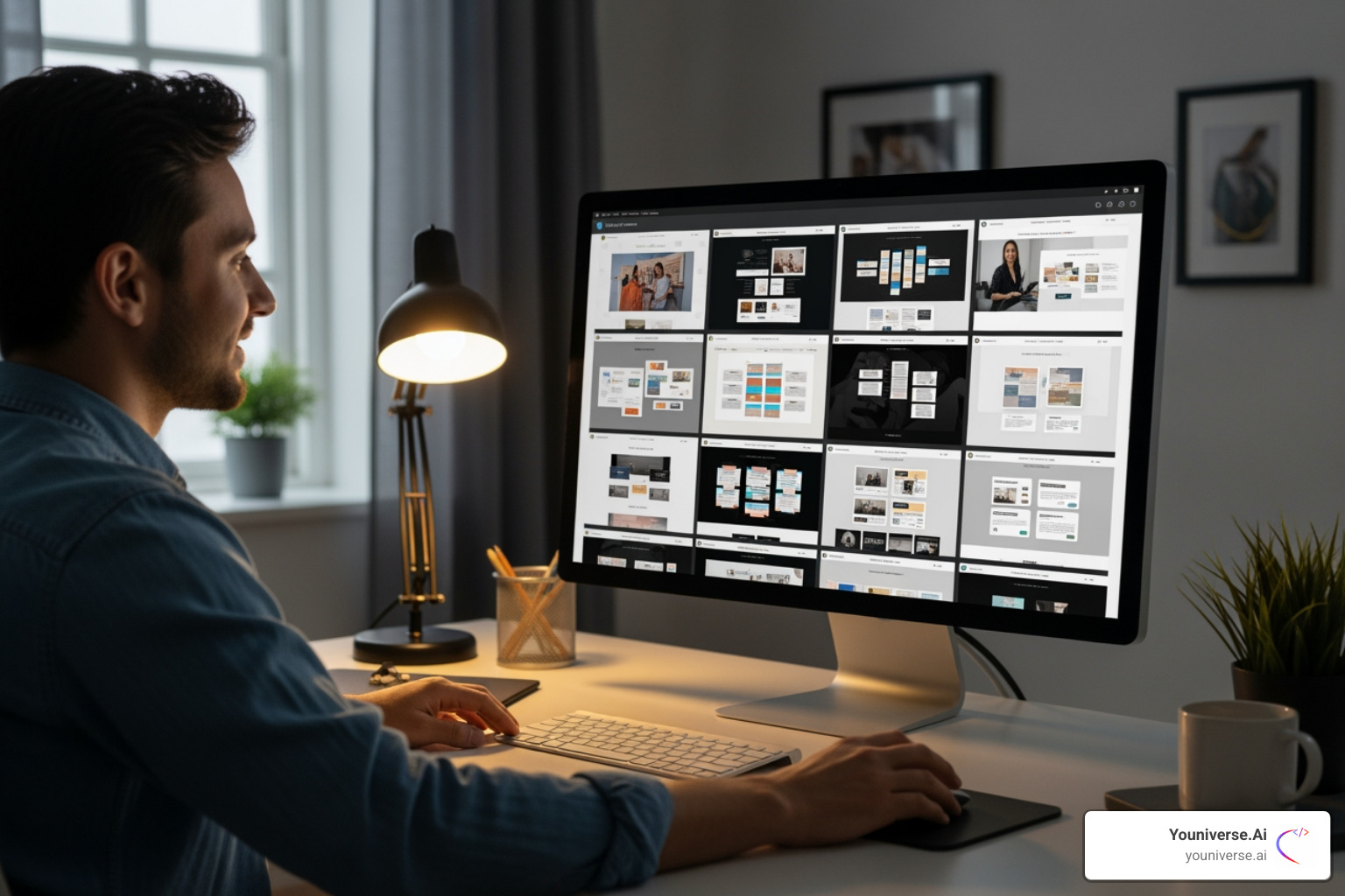 Person at a computer easily choosing between different AI-generated website layouts - AI for website redesign