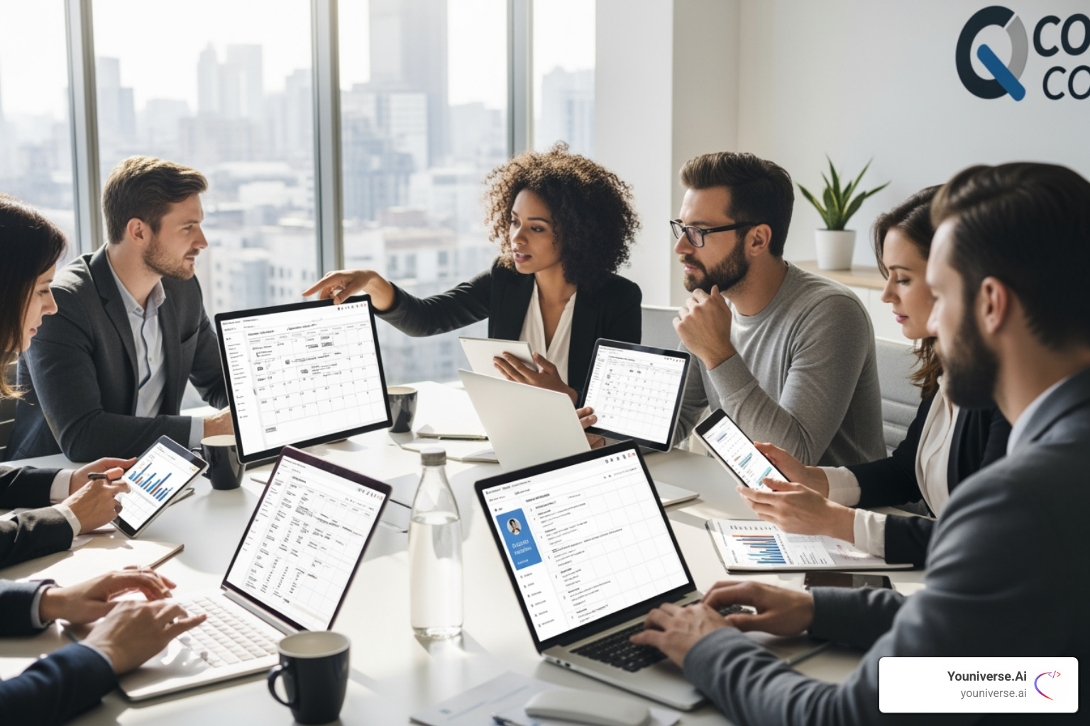 A team collaborating using shared calendars and contacts on different devices - business email hosting A team collaborating using shared calendars and contacts on different devices - business email hosting