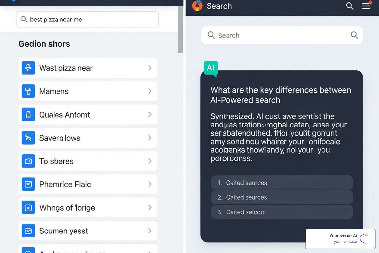 Traditional search results page on left, with a list of links. Modern AI-powered search on right, with a conversational answer and cited sources. - Future of AI search Traditional search results page on left, with a list of links. Modern AI-powered search on right, with a conversational answer and cited sources. - Future of AI search