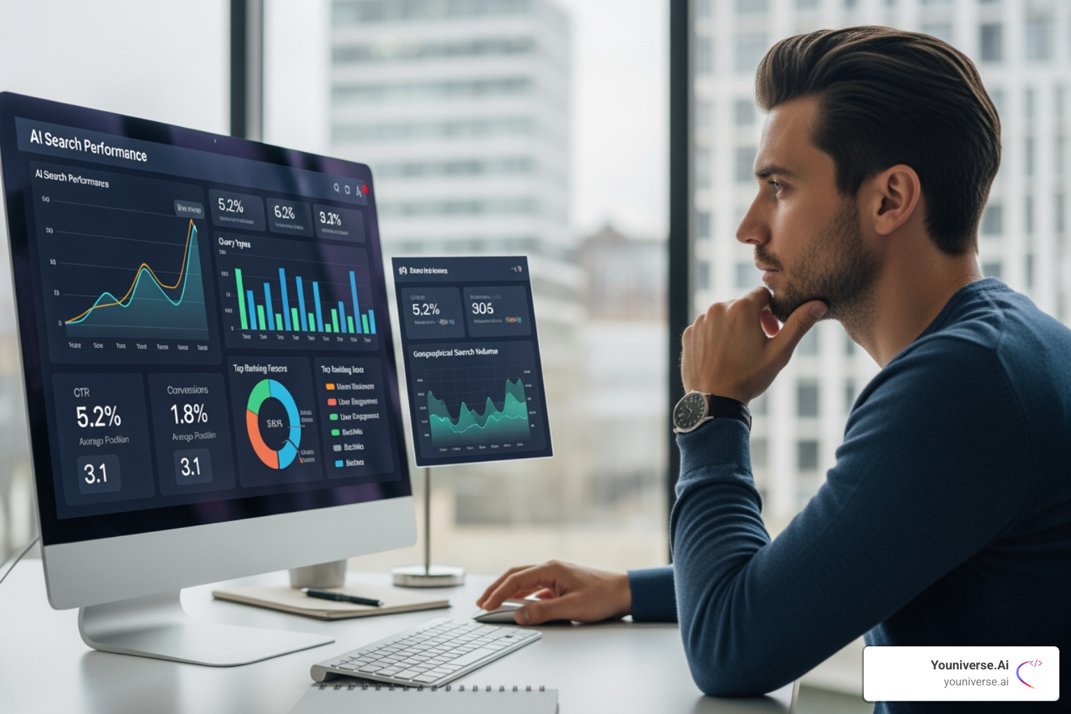 A digital marketer analyzing an AI search visibility dashboard with charts and graphs showing performance metrics for AI-generated search results. - Future of AI search A digital marketer analyzing an AI search visibility dashboard with charts and graphs showing performance metrics for AI-generated search results. - Future of AI search