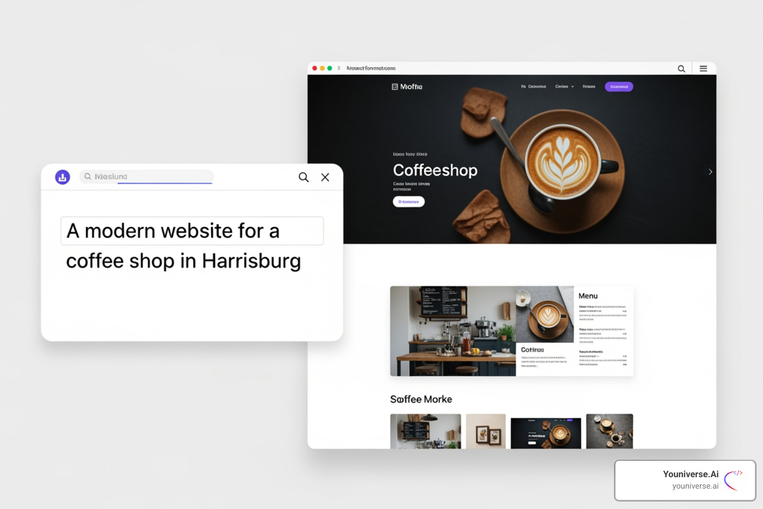 A simple text prompt like "A modern website for a coffee shop in Harrisburg" changing into a complete website layout - AI website builder
