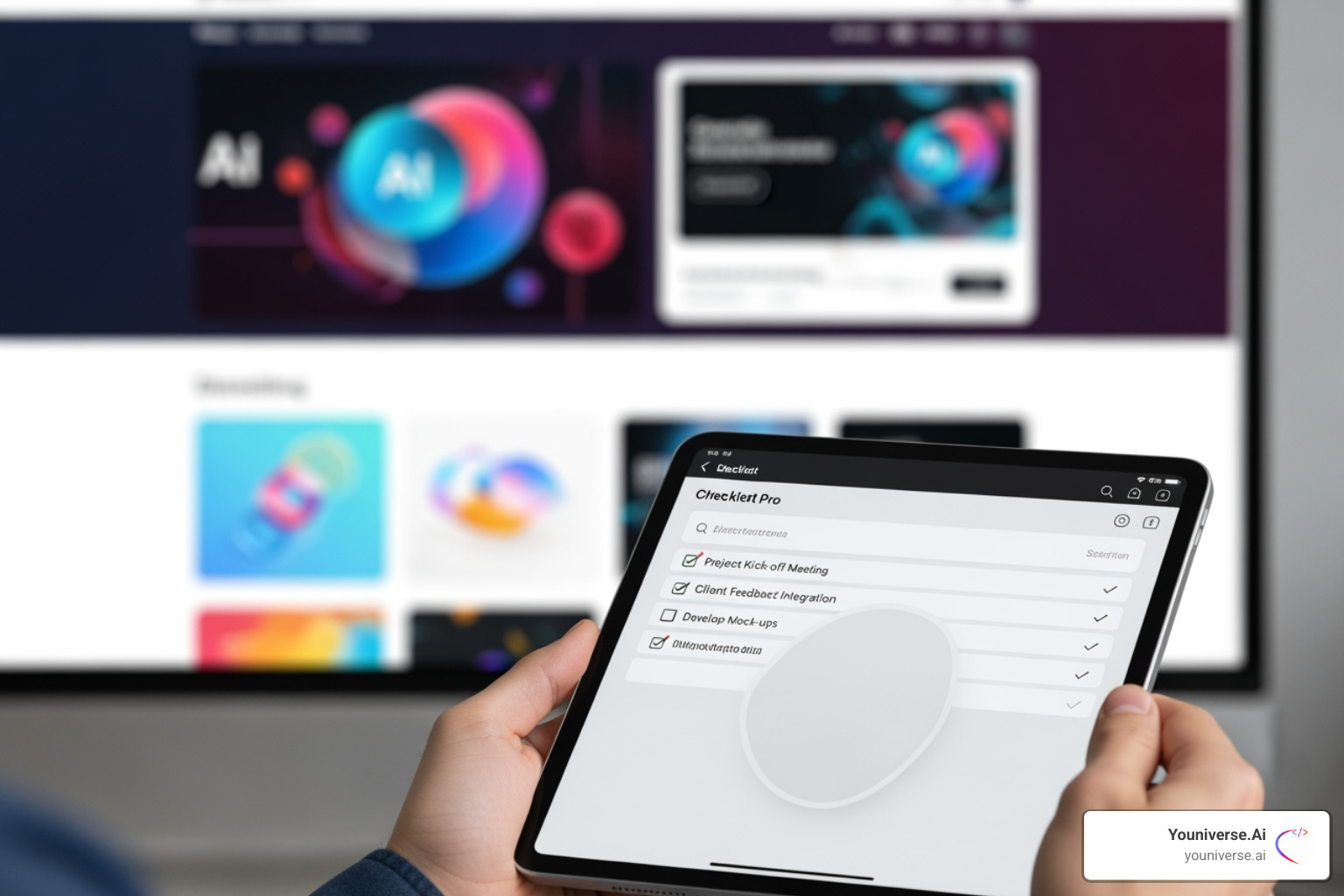 A checklist on a digital tablet with a vibrant, AI-generated website in the background - AI website builder