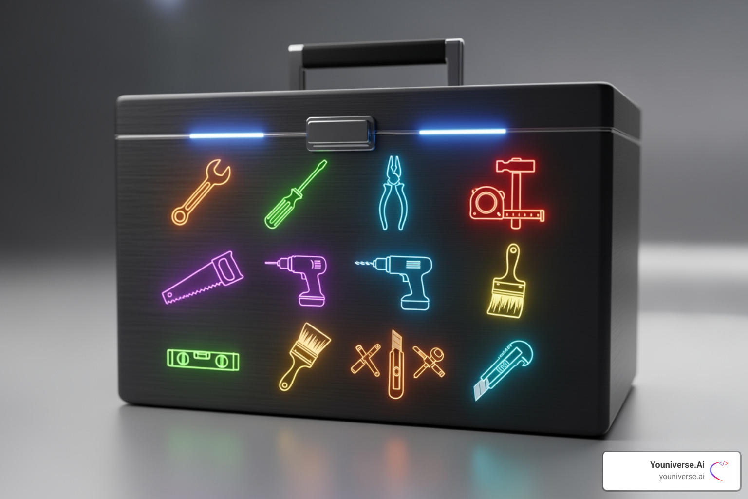 Image of a digital toolbox with 11 distinct, glowing tool icons - AI SEO tools