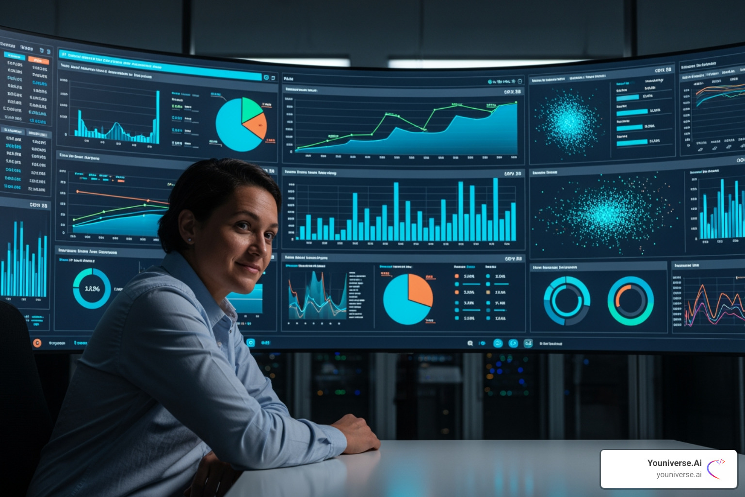 Image of a person at a dashboard with charts and graphs, looking confident - AI SEO tools