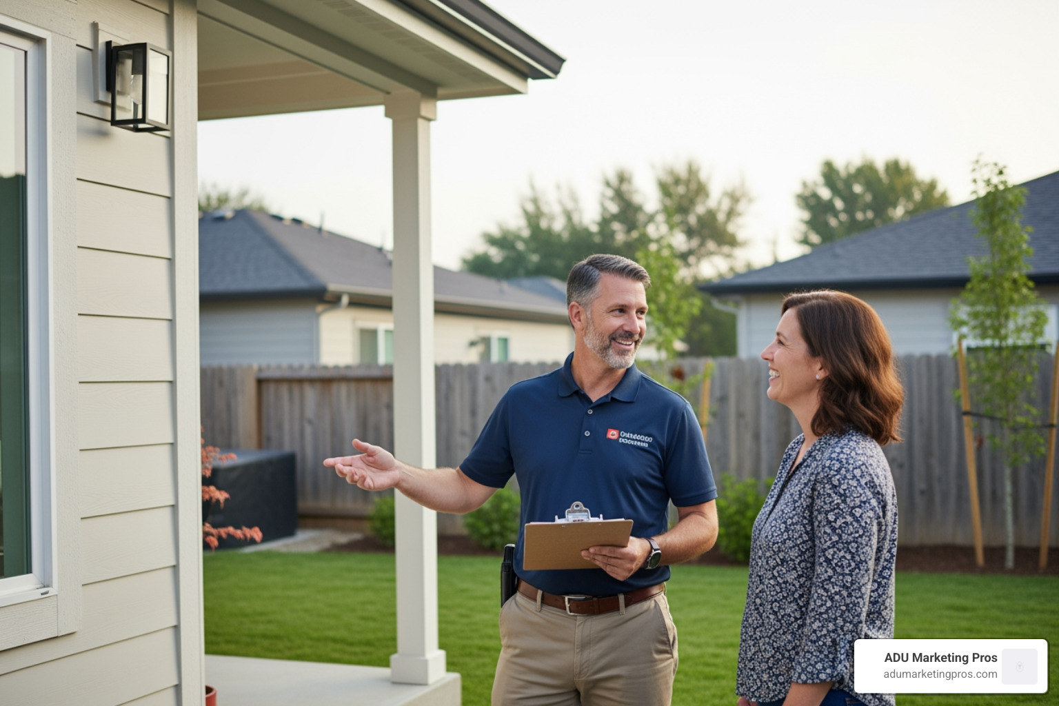 friendly-looking building inspector with a clipboard talking to a homeowner next to a newly constructed ADU - permit-ready adu plans santa cruz friendly-looking building inspector with a clipboard talking to a homeowner next to a newly constructed ADU - permit-ready adu plans santa cruz