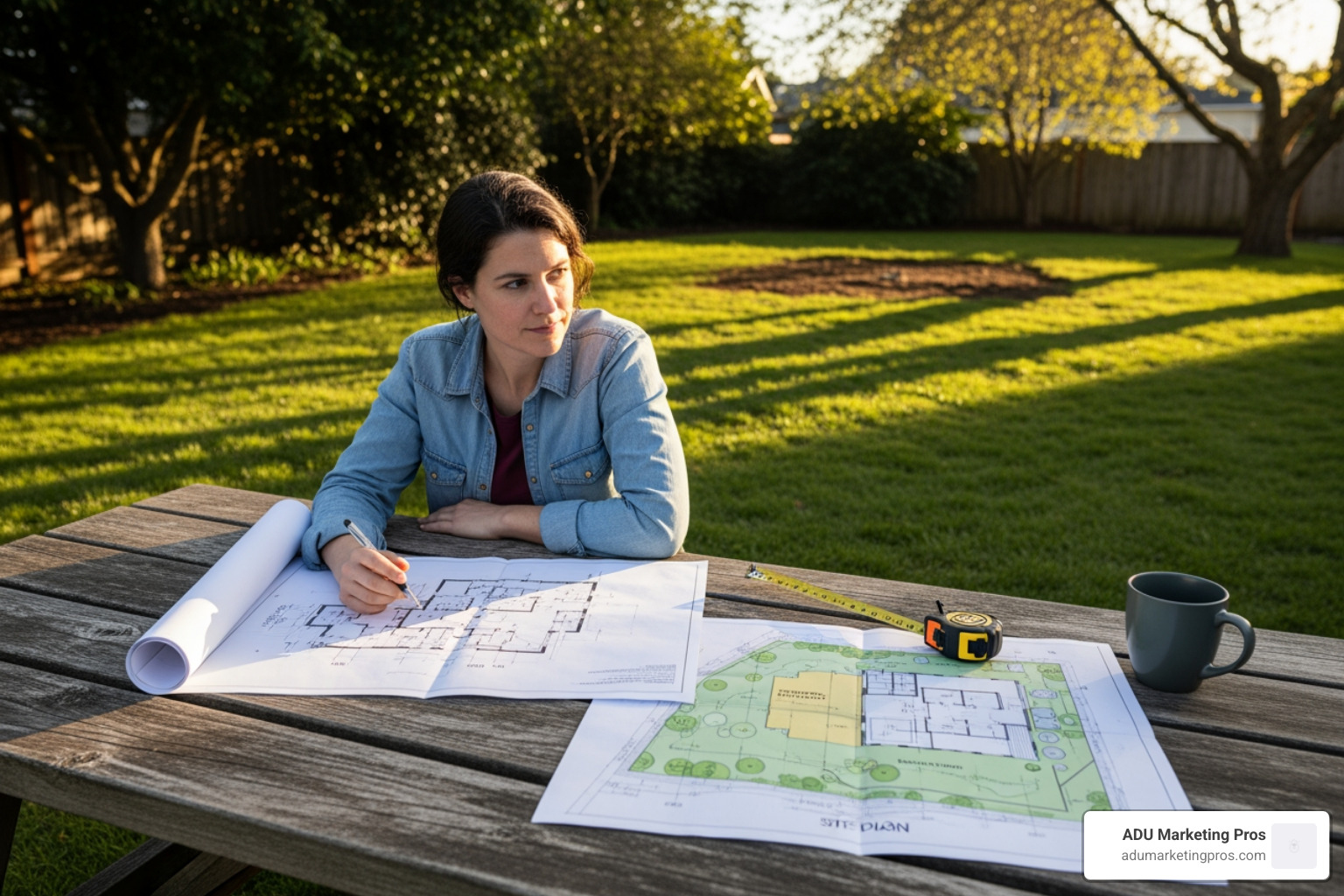 homeowner reviewing blueprints and a site plan on a table in their backyard, with the space for the future ADU visible - permit-ready adu plans santa cruz homeowner reviewing blueprints and a site plan on a table in their backyard, with the space for the future ADU visible - permit-ready adu plans santa cruz