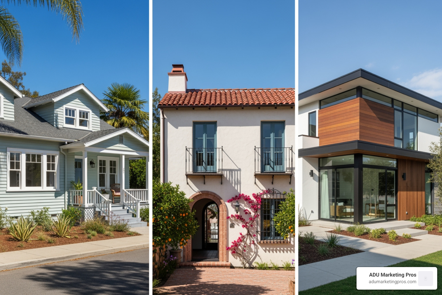 split-screen showing the three exterior styles of Santa Cruz ADUs: Classic Bungalow, Coastal Mediterranean, and Sleek Modern - permit-ready adu plans santa cruz split-screen showing the three exterior styles of Santa Cruz ADUs: Classic Bungalow, Coastal Mediterranean, and Sleek Modern - permit-ready adu plans santa cruz