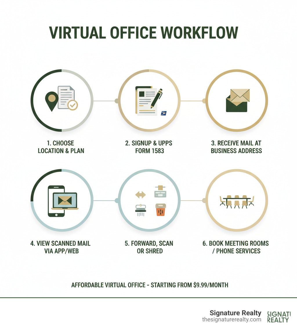 infographic showing the virtual office workflow: step 1 choose your location and plan, step 2 complete signup and file USPS Form 1583, step 3 receive mail at your business address, step 4 view scanned mail via app or website, step 5 choose to forward scan or shred each item, step 6 book meeting rooms or use phone services as needed - affordable virtual office infographic infographic showing the virtual office workflow: step 1 choose your location and plan, step 2 complete signup and file USPS Form 1583, step 3 receive mail at your business address, step 4 view scanned mail via app or website, step 5 choose to forward scan or shred each item, step 6 book meeting rooms or use phone services as needed - affordable virtual office infographic