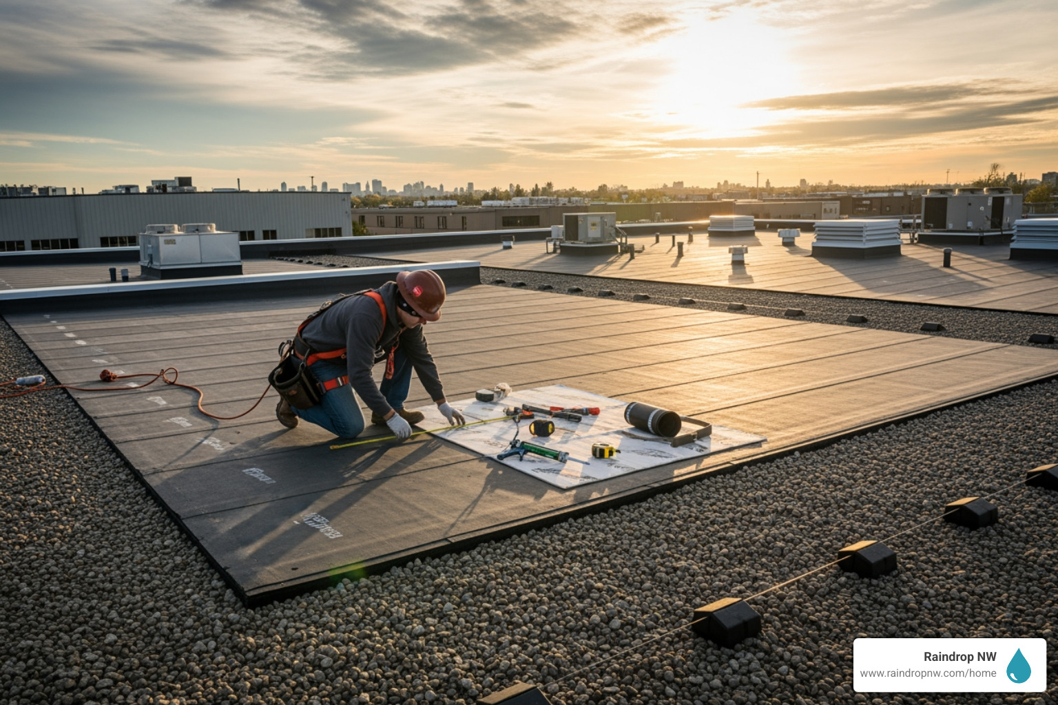 roofer inspecting commercial flat roof - commercial new and replacement roofs service in aloha or roofer inspecting commercial flat roof - commercial new and replacement roofs service in aloha or