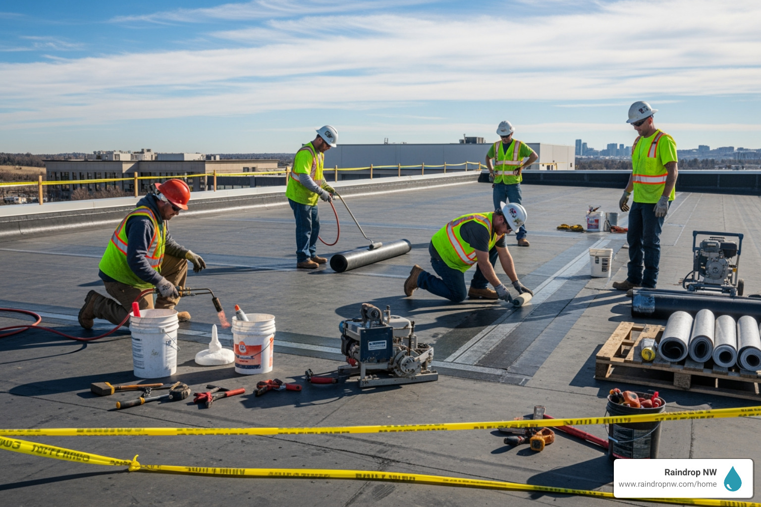 roofing crew on commercial roof - commercial new and replacement roofs service in aloha or roofing crew on commercial roof - commercial new and replacement roofs service in aloha or