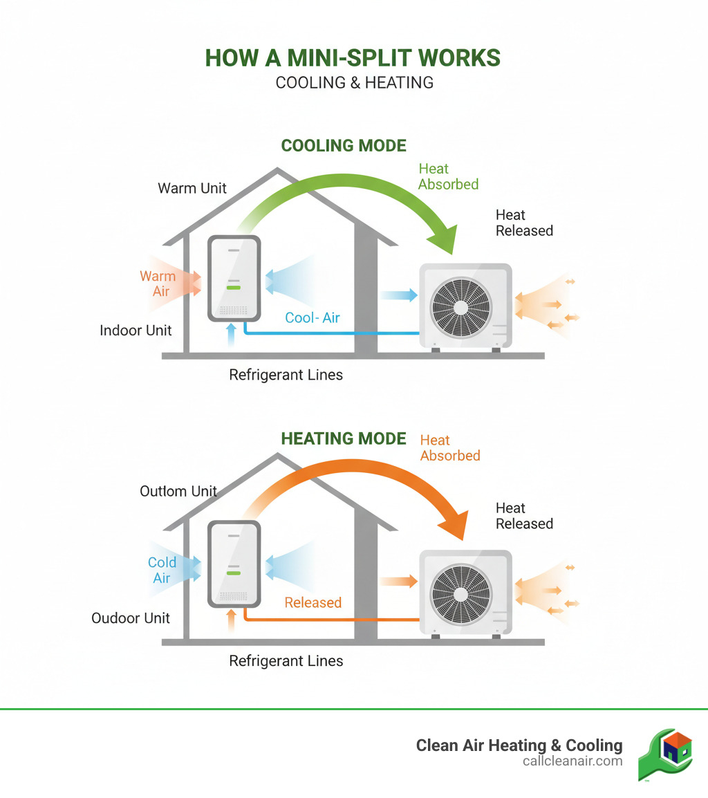 infographic showing how mini splits move heat from inside to outside for cooling, and outside to inside for heating, with labeled indoor unit, outdoor unit, refrigerant lines, and directional arrows indicating heat flow in both cooling and heating modes - how mini splits work infographic 