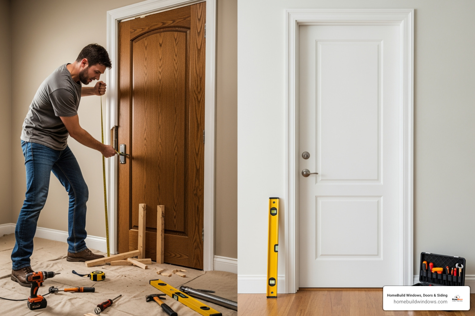 homeowner struggling to hang a door next to a perfectly installed door - door contractors near me