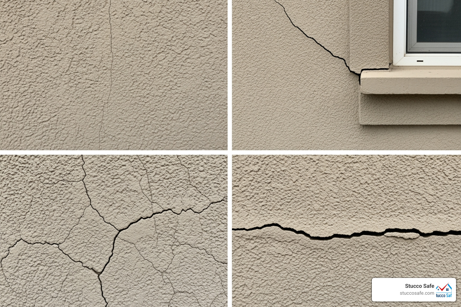 four different types of stucco cracks labeled (hairline, spider, diagonal, structural) - how to fix cracked exterior stucco four different types of stucco cracks labeled (hairline, spider, diagonal, structural) - how to fix cracked exterior stucco