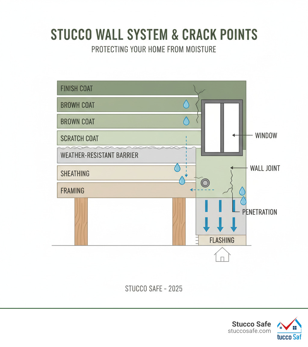Infographic showing cross-section of a stucco wall system with layers labeled: finish coat, brown coat, scratch coat, weather-resistant barrier, sheathing, and framing. Arrows indicate common crack locations at windows, wall joints, and penetrations. Icons show water droplets attempting to enter through cracks and proper drainage paths. - how to fix cracked exterior stucco infographic Infographic showing cross-section of a stucco wall system with layers labeled: finish coat, brown coat, scratch coat, weather-resistant barrier, sheathing, and framing. Arrows indicate common crack locations at windows, wall joints, and penetrations. Icons show water droplets attempting to enter through cracks and proper drainage paths. - how to fix cracked exterior stucco infographic