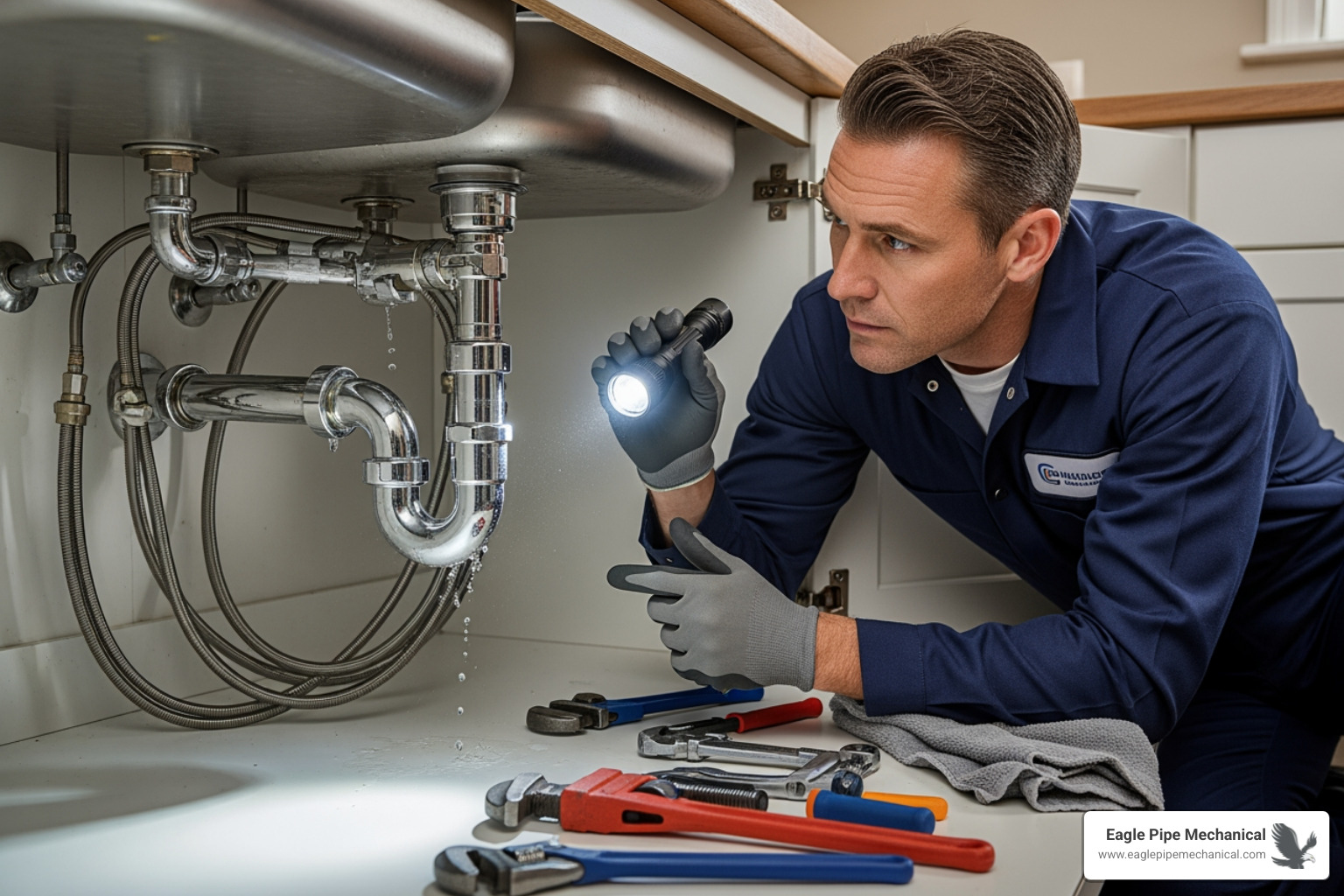 plumber inspecting pipes under a sink - after hours plumbing repair bainbridge island plumber inspecting pipes under a sink - after hours plumbing repair bainbridge island