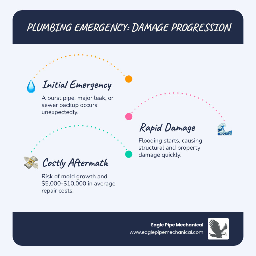 Infographic showing the progression from plumbing emergency to water damage, with icons for burst pipe, flooding, structural damage, and mold growth, alongside immediate actions like shutting off water supply, calling for help, and documenting damage - after hours plumbing repair bainbridge island infographic infographic-line-3-steps-blues-accent_colors Infographic showing the progression from plumbing emergency to water damage, with icons for burst pipe, flooding, structural damage, and mold growth, alongside immediate actions like shutting off water supply, calling for help, and documenting damage - after hours plumbing repair bainbridge island infographic infographic-line-3-steps-blues-accent_colors