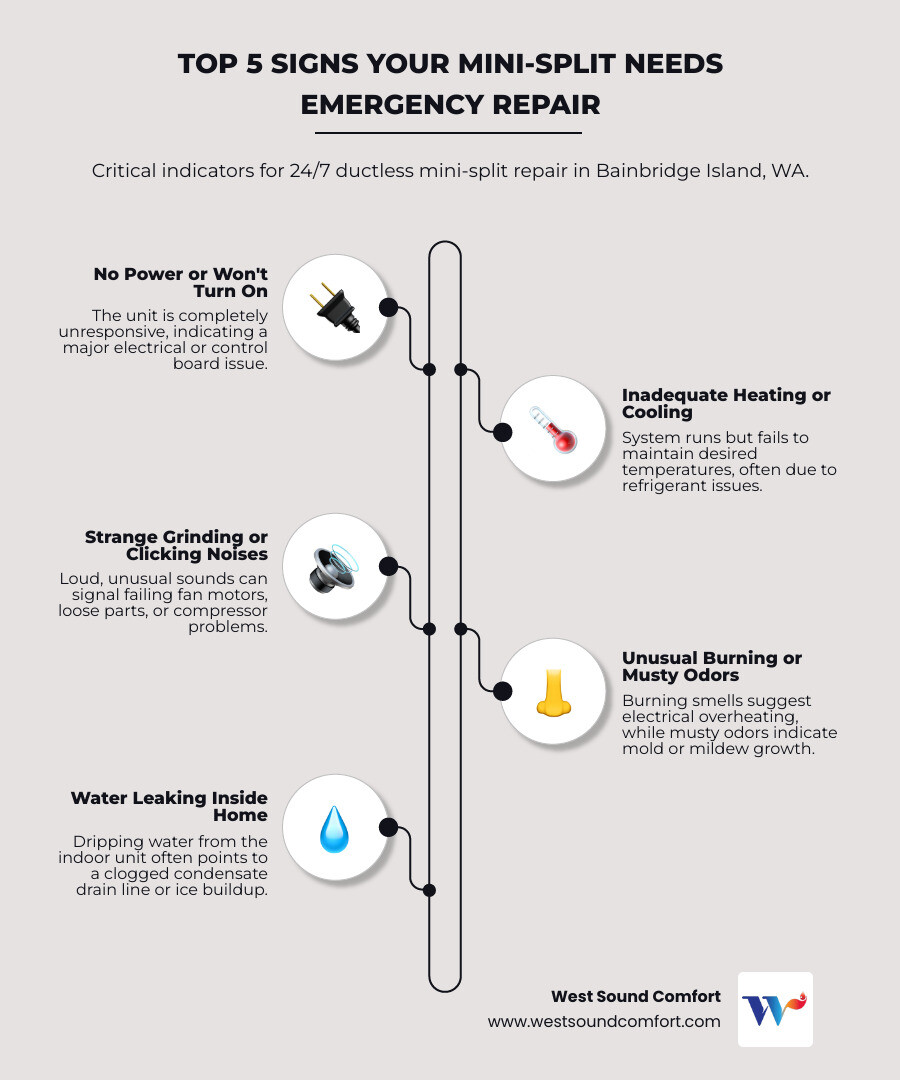 Infographic showing the top 5 signs a mini-split needs emergency repair: no power or won't turn on, inadequate heating or cooling output, strange grinding or clicking noises, unusual burning or musty odors, and water leaking inside the home - 24/7 ductless mini-split repair in bainbridge island, wa infographic infographic-line-5-steps-elegant_beige