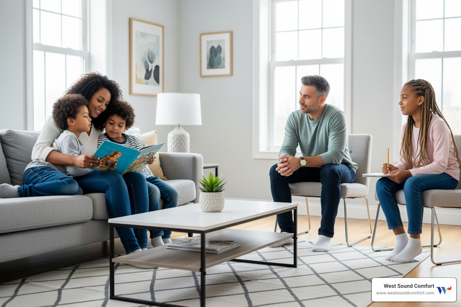 family enjoying living room - best ductless mini-split company in burley, wa
