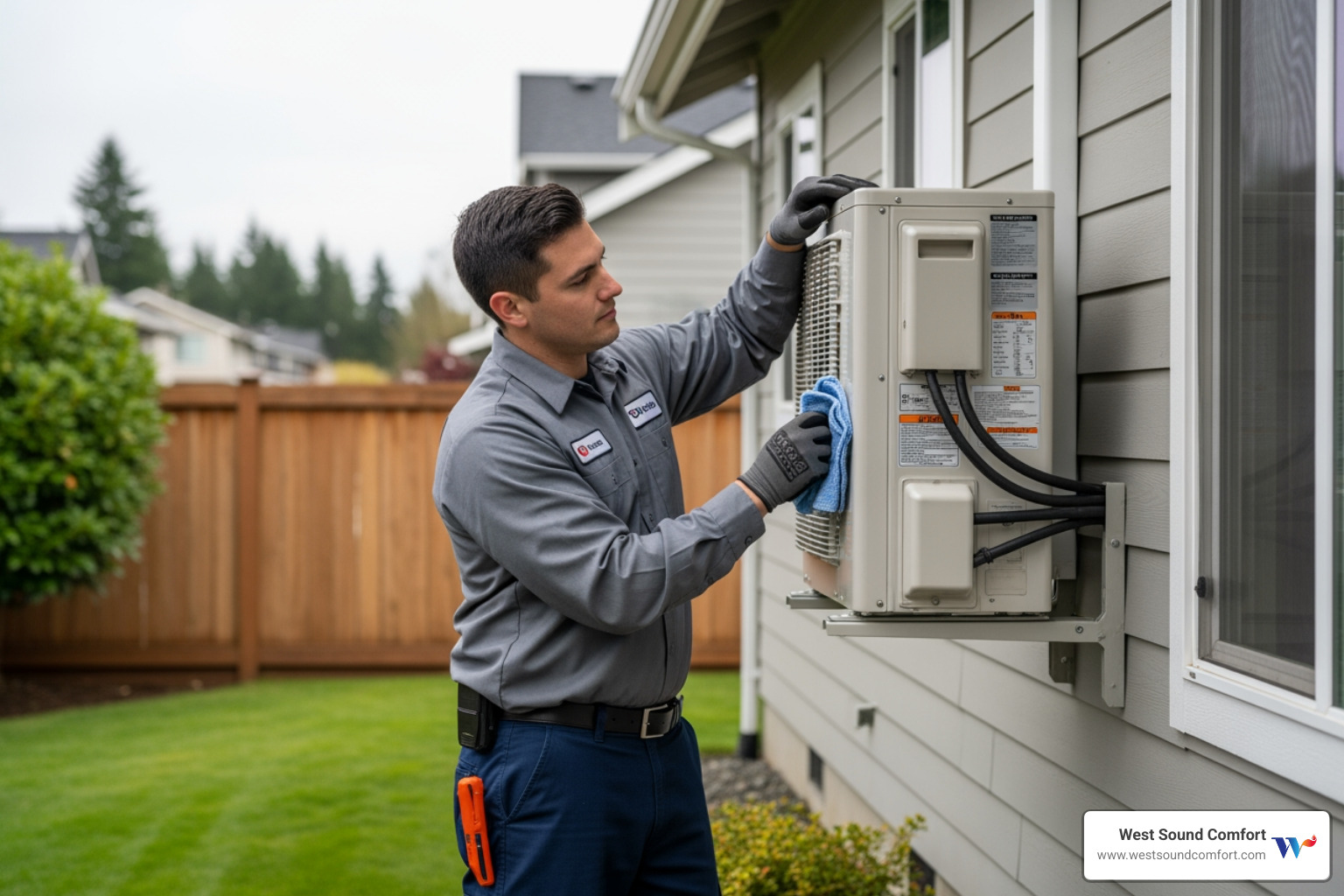HVAC technician performing maintenance on outdoor ductless unit - ductless mini-split broken in bremerton, wa