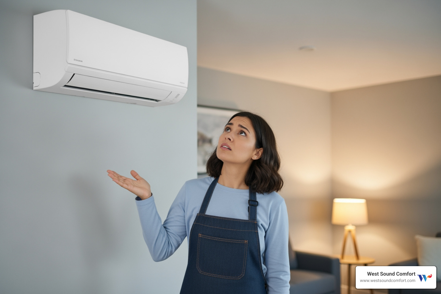 homeowner looking at indoor mini-split unit with concerned expression - ductless mini-split broken in bremerton, wa
