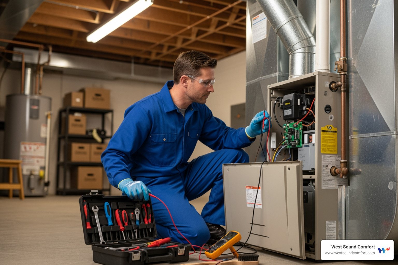 HVAC technician performing furnace maintenance - furnace blowing cold air in tahuya, wa