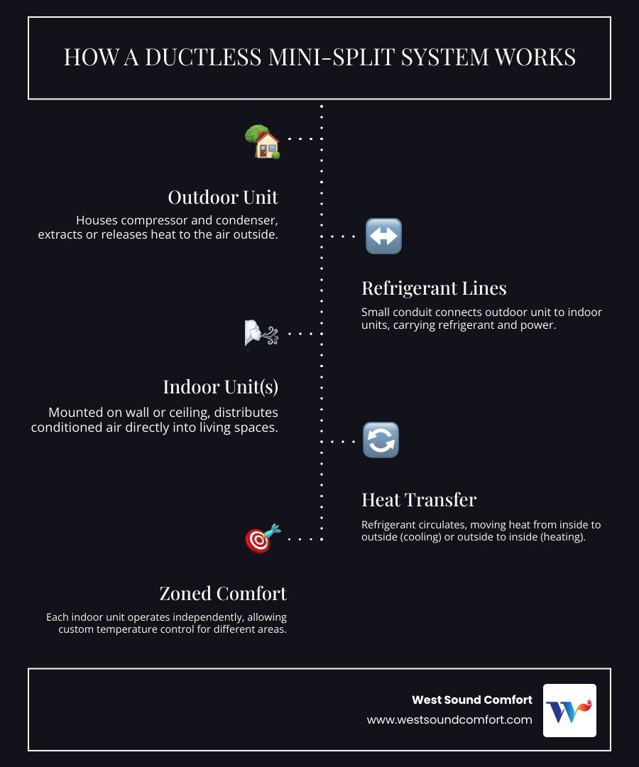 infographic showing ductless mini split system components outdoor compressor indoor air handler and connecting conduit with refrigerant lines - ductless mini-split company near me in allyn, wa infographic infographic-line-5-steps-dark