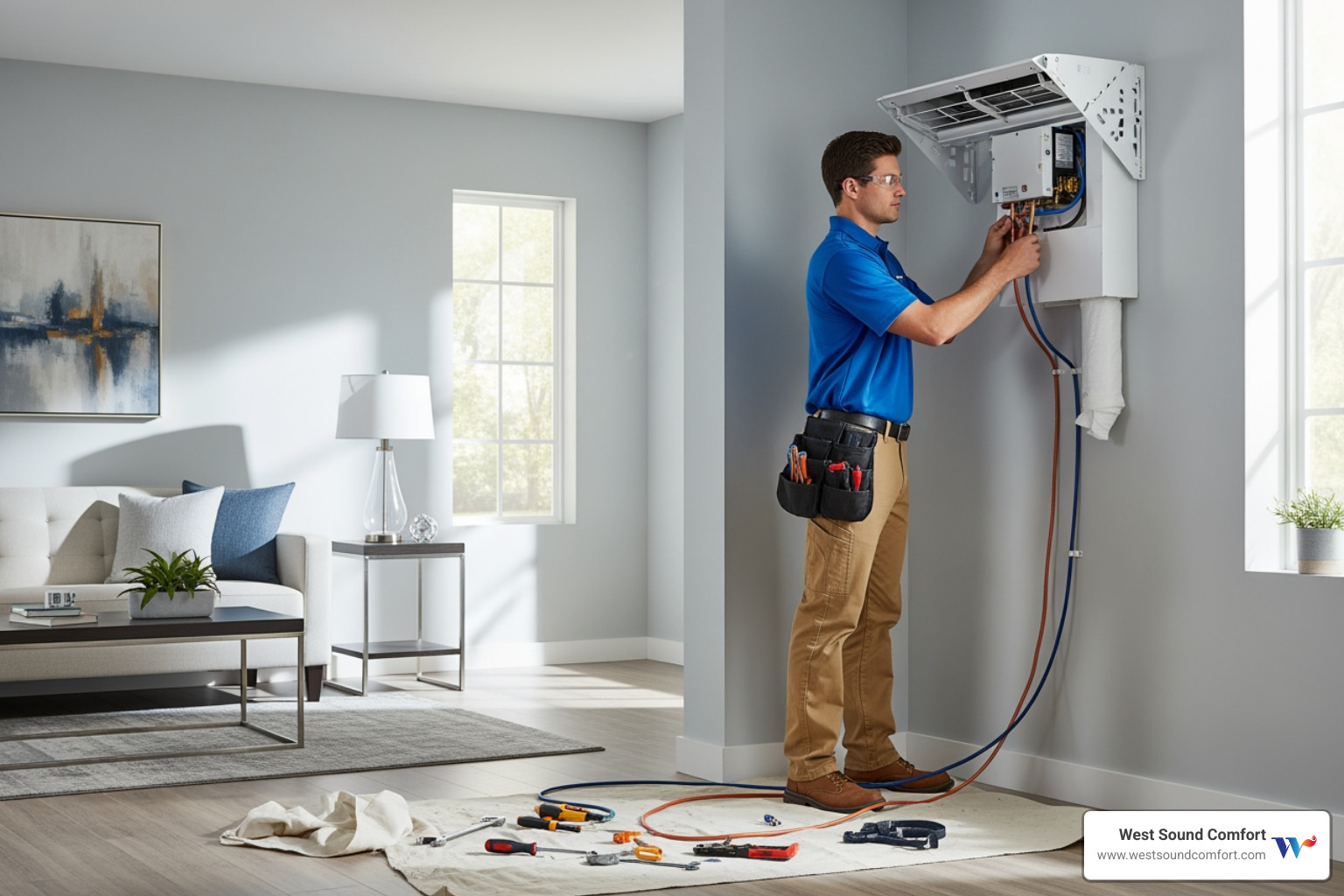 technician installing indoor ductless mini-split unit - new ductless mini-split installation in sequim, wa