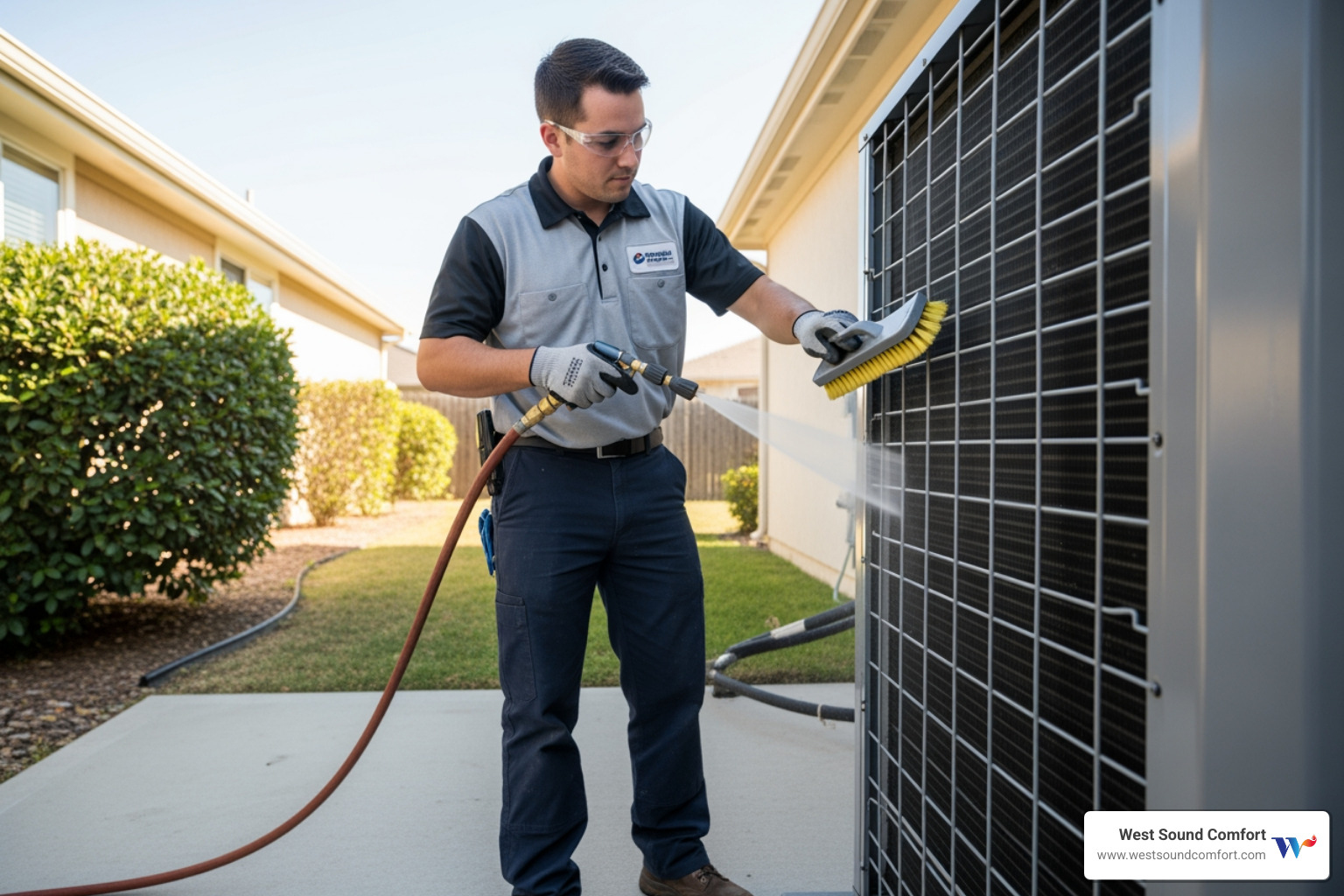 HVAC technician cleaning an outdoor condenser unit - hvac maintenance in brownsville, wa
