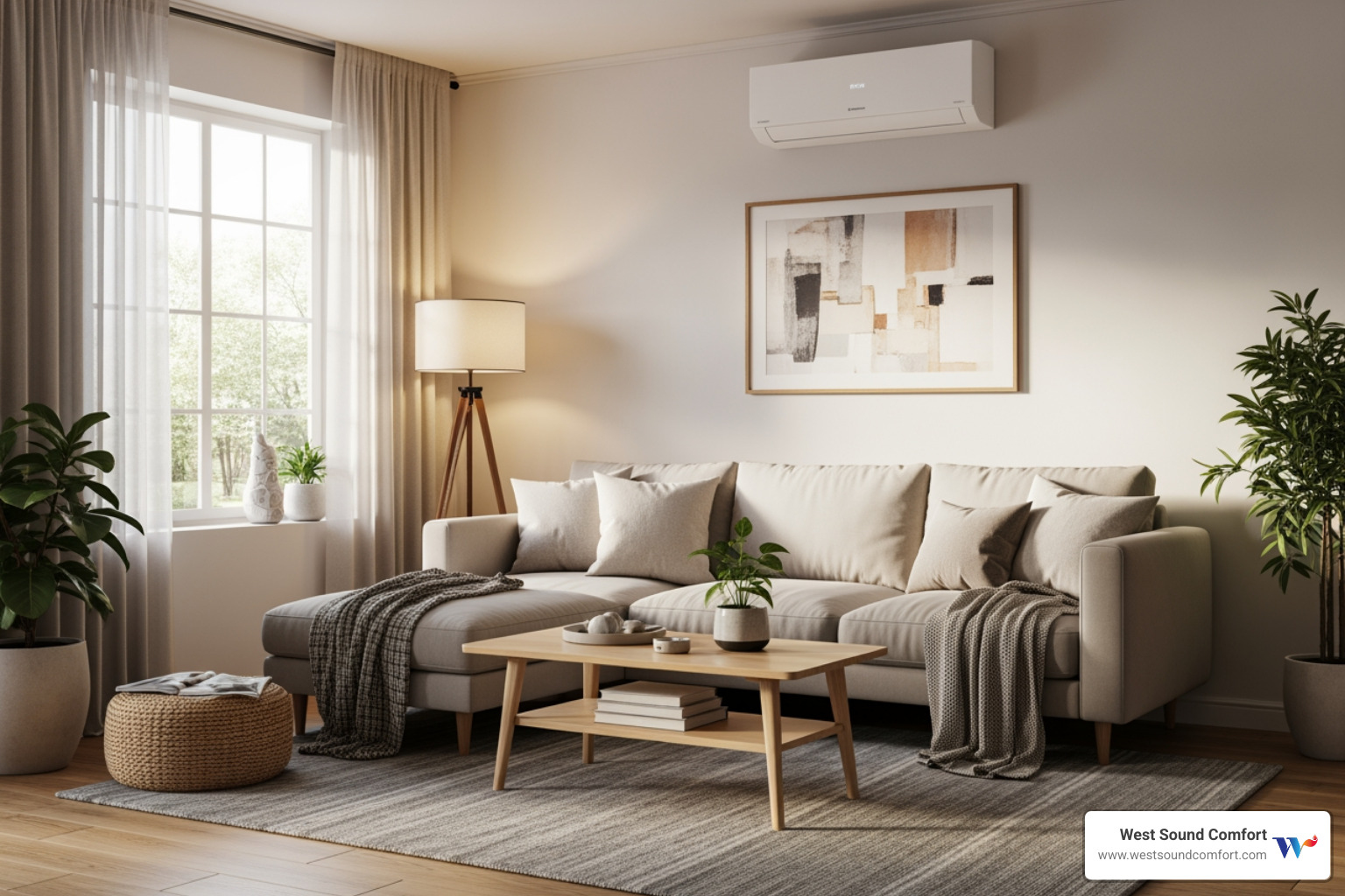 comfortable living room with ductless mini split - ductless mini-split company near me in allyn, wa