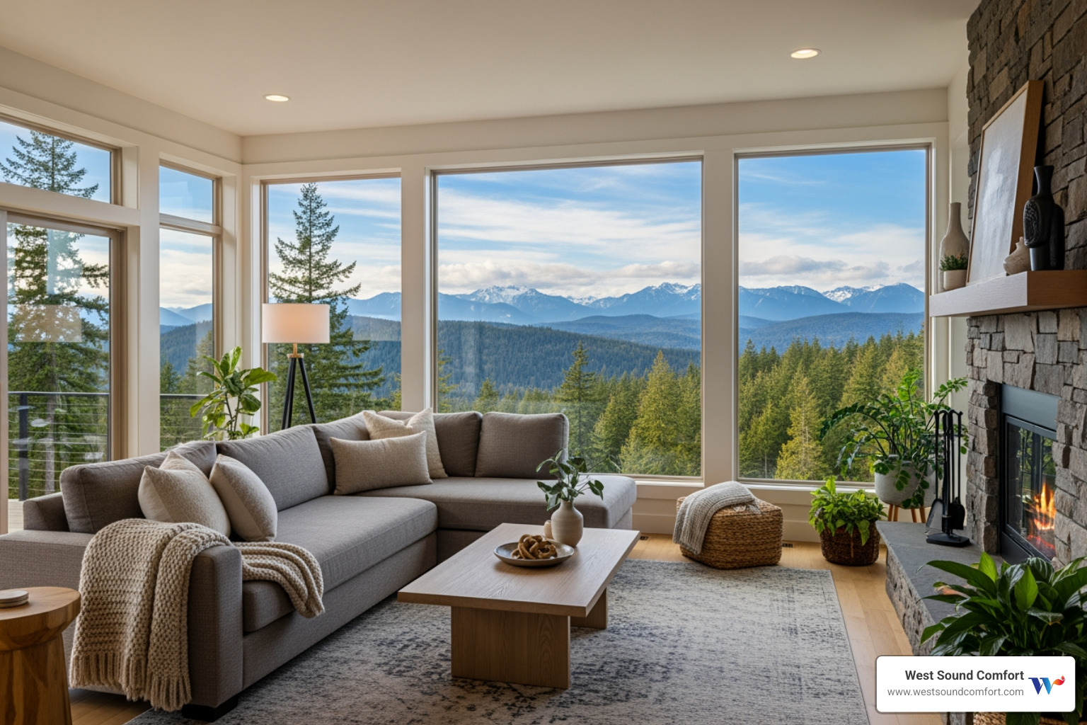 comfortable modern home living room with Pacific Northwest scenery - hvac maintenance in brownsville, wa