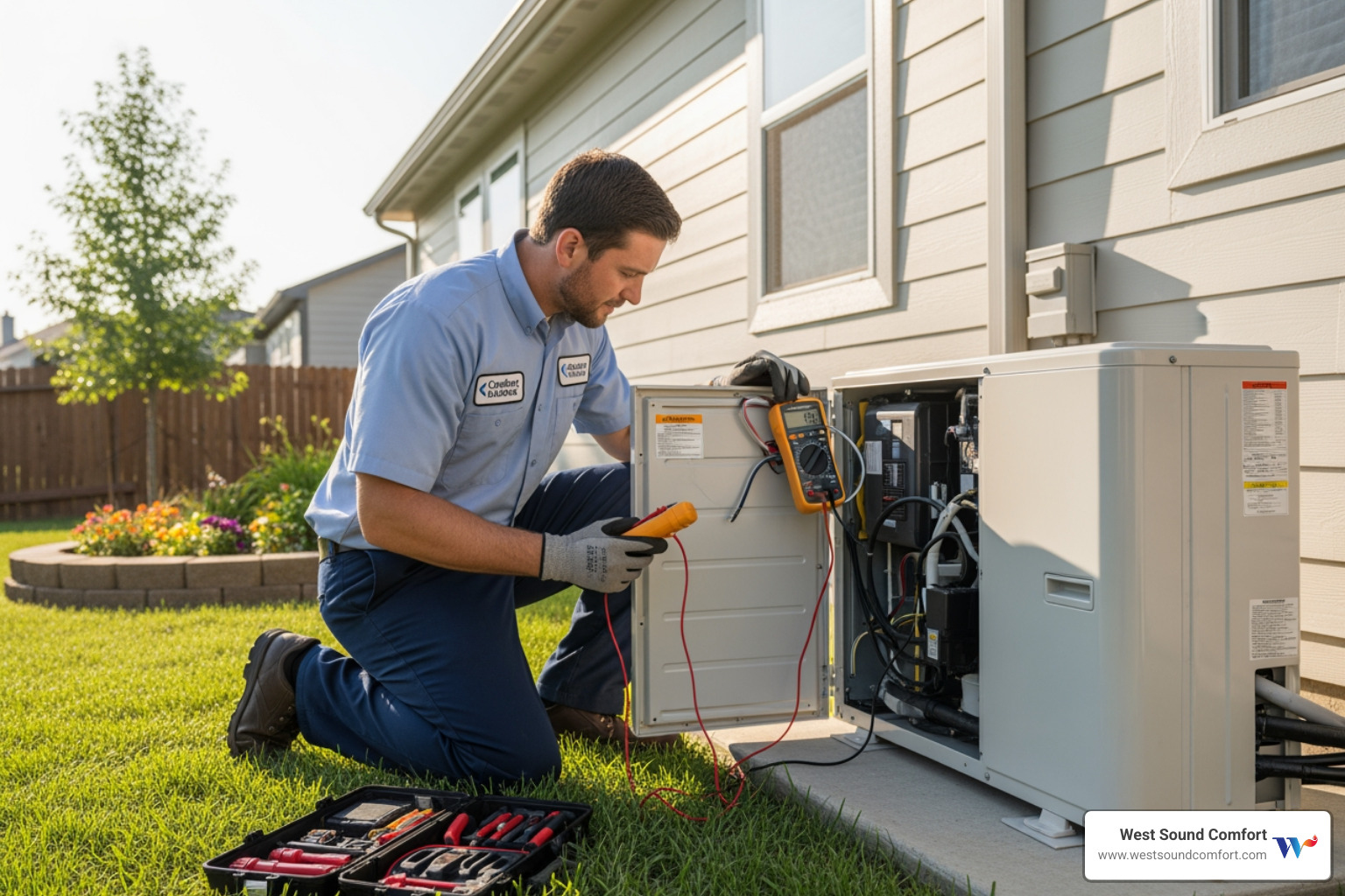 technician servicing outdoor ductless mini-split unit - new ductless mini-split installation in sequim, wa