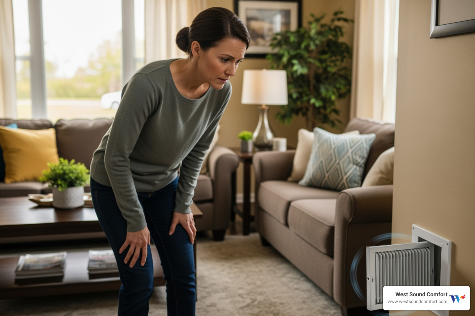 A homeowner looking concerned at a noisy furnace vent - hvac maintenance in brownsville, wa