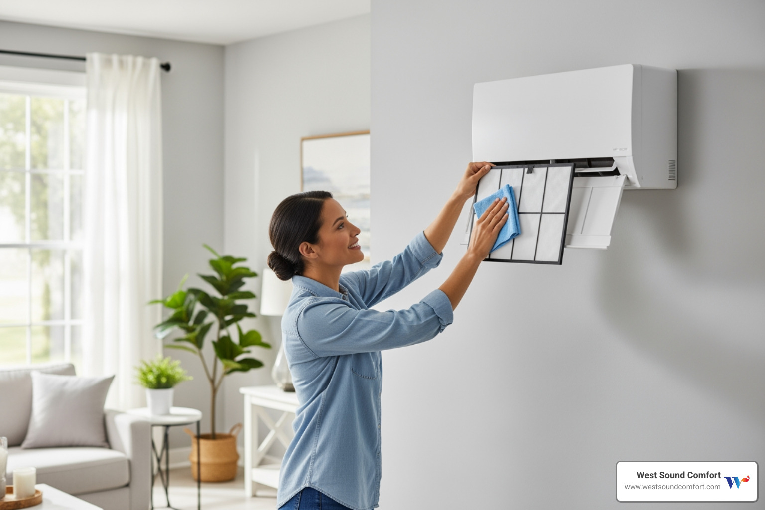 homeowner easily cleaning a mini-split filter - ductless mini-split company near me in allyn, wa
