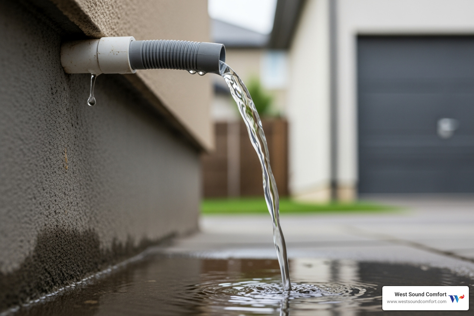 outdoor condensate drain line with water flowing freely - ductless mini-split leaking water in silverdale, wa