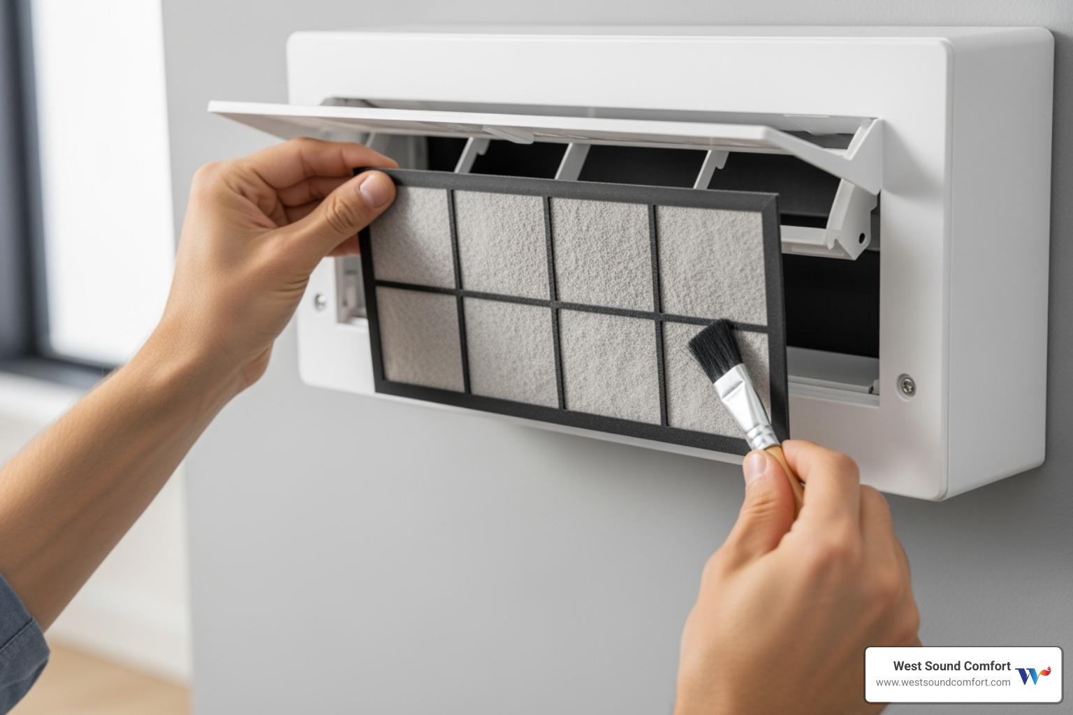 A person easily removing and cleaning a mini-split's air filter - ductless mini-split maintenance service in poulsbo, wa A person easily removing and cleaning a mini-split's air filter - ductless mini-split maintenance service in poulsbo, wa