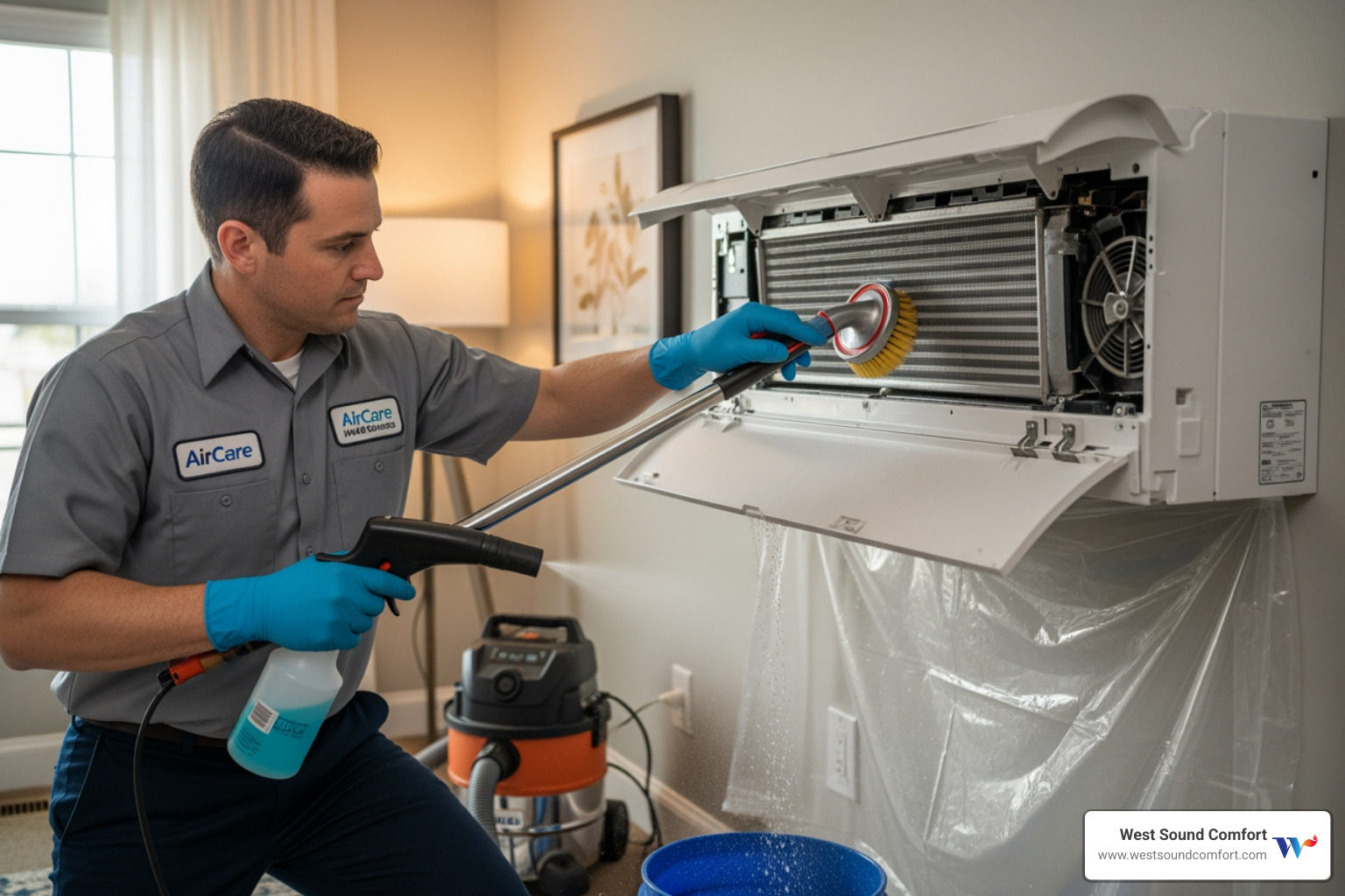 A technician professionally cleaning the coils of an indoor mini-split unit - ductless mini-split maintenance service in poulsbo, wa A technician professionally cleaning the coils of an indoor mini-split unit - ductless mini-split maintenance service in poulsbo, wa