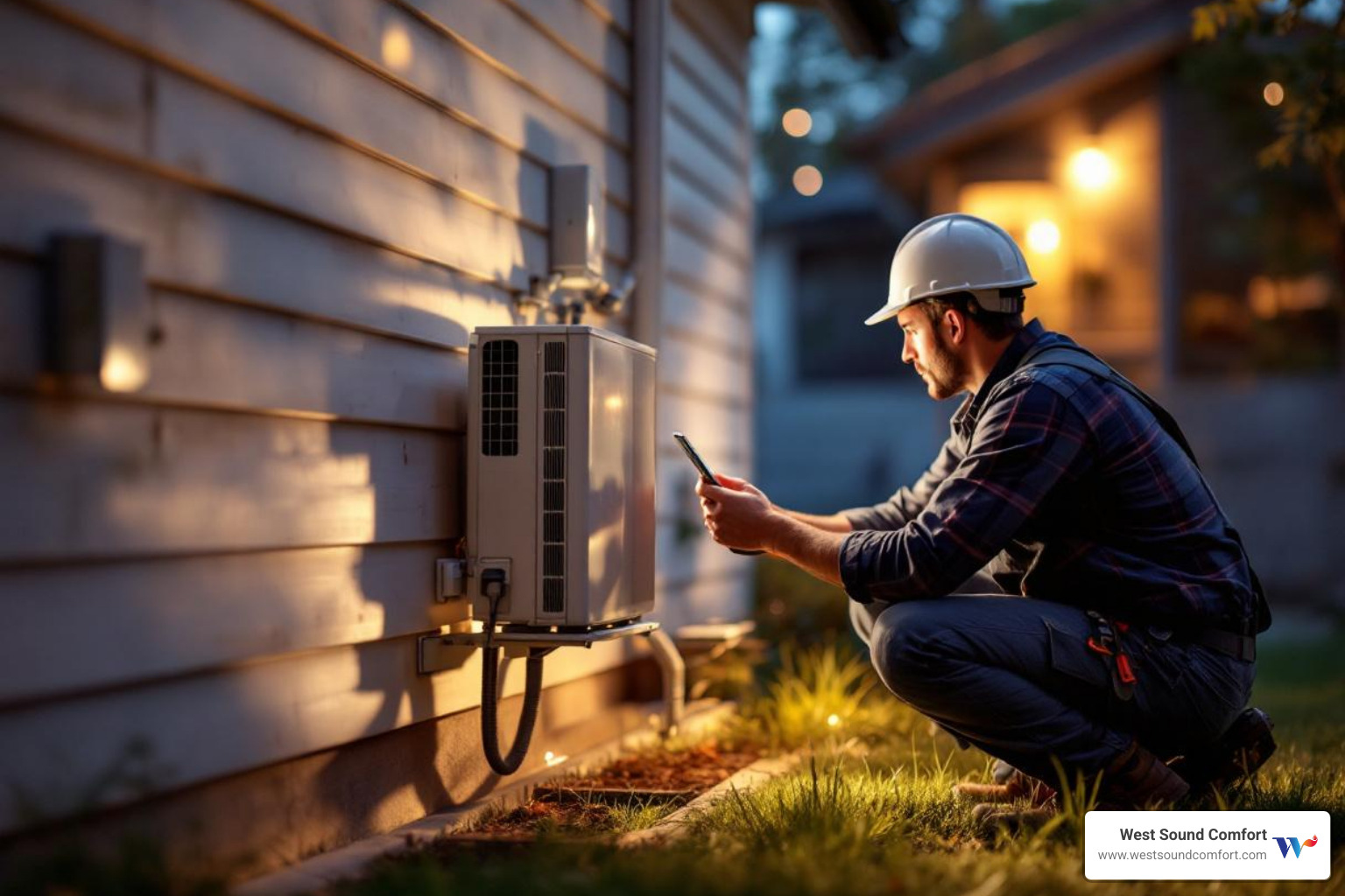 technician working on an outdoor ductless unit at night - 24/7 ductless mini-split repair in port ludlow, wa