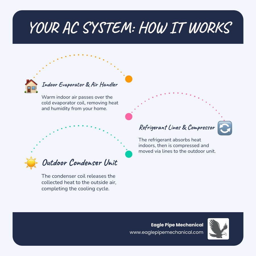 Infographic showing the main components of a residential air conditioning system including the outdoor condenser unit with compressor and fan, indoor evaporator coil, refrigerant lines, air handler with blower, thermostat, and condensate drain line, with labels explaining how each part works together to cool your home - air conditioning repair bainbridge island infographic infographic-line-3-steps-blues-accent_colors