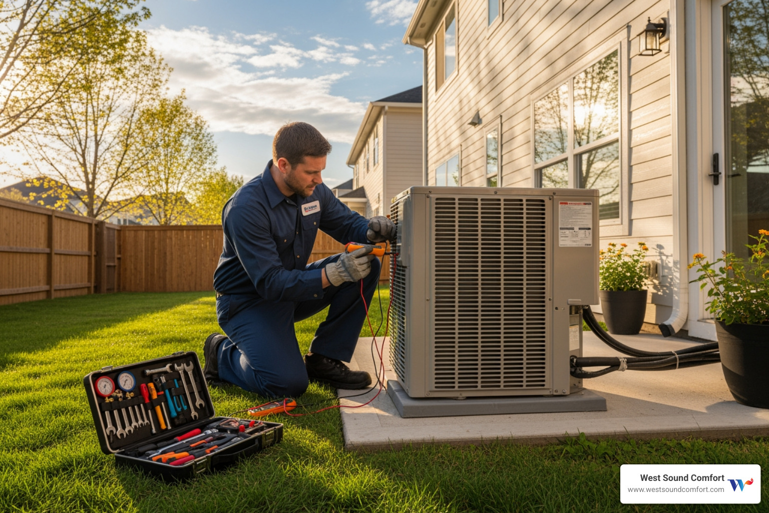 technician servicing outdoor unit of ductless system - ductless mini-split tune-up in gig harbor, wa