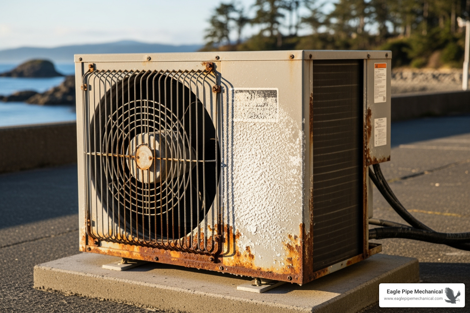 A salt-sprayed outdoor AC unit near the Bainbridge Island coast, showing signs of corrosion. - air conditioning repair bainbridge island