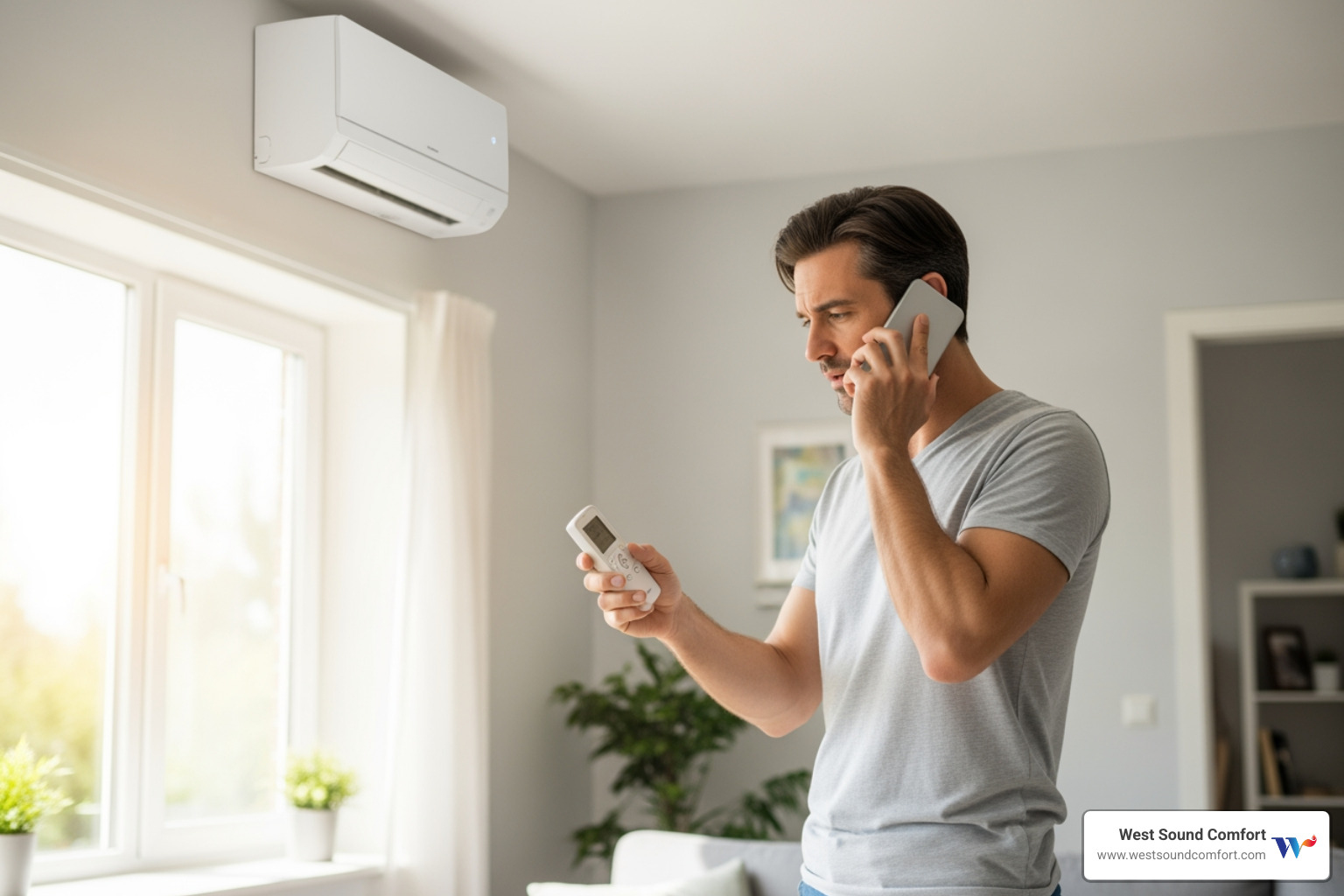 homeowner on the phone looking at mini-split remote control - 24/7 ductless mini-split repair in port ludlow, wa