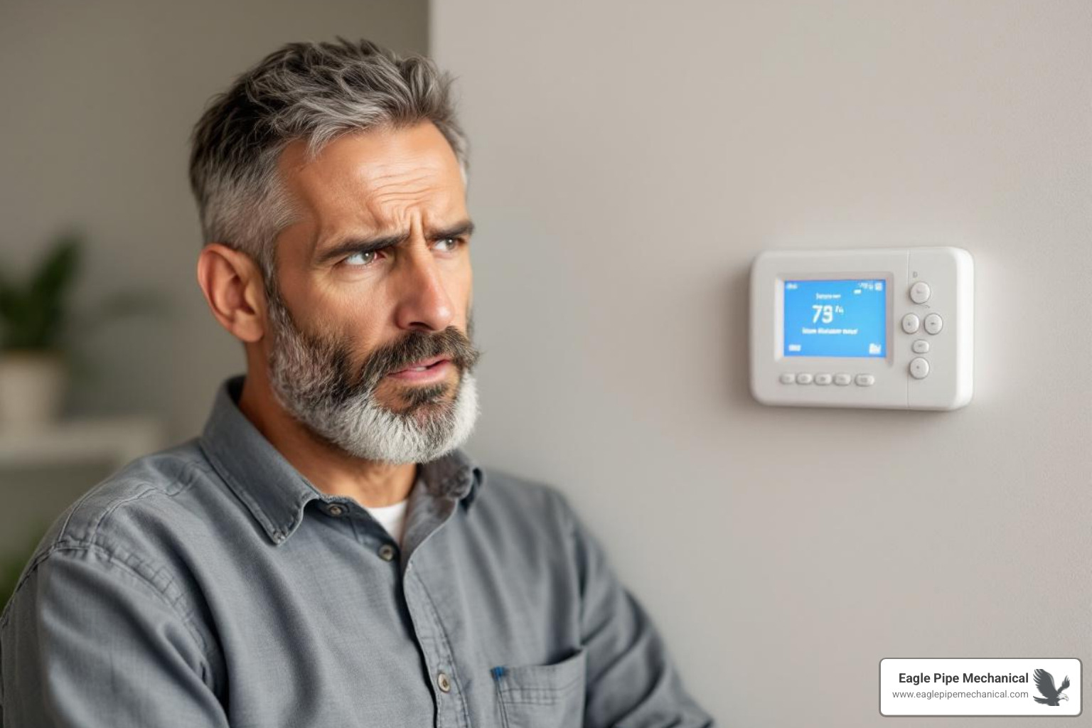 A homeowner looking quizzically at their thermostat, which displays an error message or unusual reading. - air conditioning repair bainbridge island