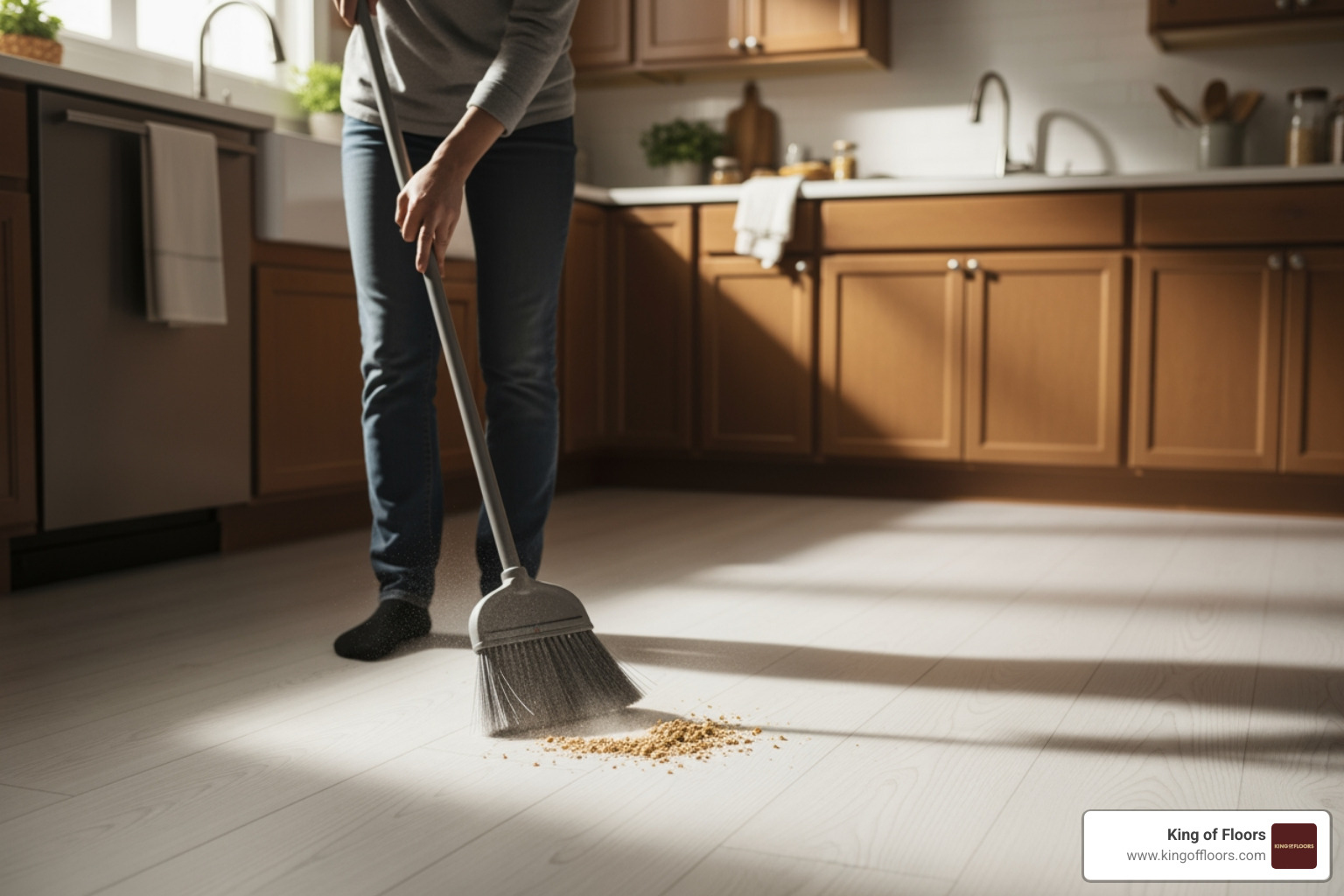 person using a soft broom to sweep a vinyl kitchen floor - how can i clean vinyl floor