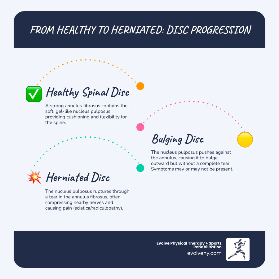 infographic showing the progression from healthy disc to bulging disc to herniated disc, with labels indicating the nucleus pulposus pushing through the annulus fibrosus and compressing a nerve root, plus statistics showing that 85% improve with conservative care within 8-12 weeks - pain management herniated disc infographic infographic-line-3-steps-blues-accent_colors infographic showing the progression from healthy disc to bulging disc to herniated disc, with labels indicating the nucleus pulposus pushing through the annulus fibrosus and compressing a nerve root, plus statistics showing that 85% improve with conservative care within 8-12 weeks - pain management herniated disc infographic infographic-line-3-steps-blues-accent_colors